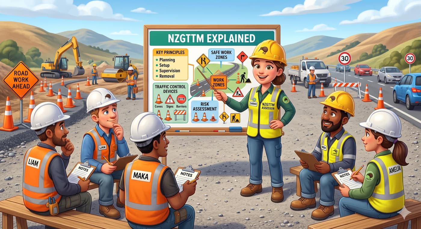 Traffic management planning explainer with contractors reviewing guidance
