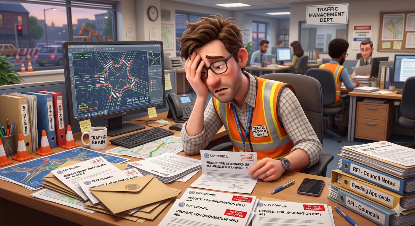 TMP quote review desk with site plans, maps and submission paperwork